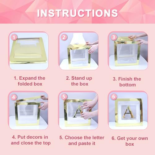 Baby Boxes with Letters, 6 Transparent Balloon Boxes with 78 Letters & Numbers, Clear Name Boxes for Baby Shower Birthday Bridal Wedding Gender Reveal Party Decorations Backdrop, Gold - Image 7