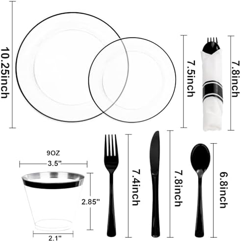 SUT 350 Pcs Black and Clear Plastic Dinnerware Set for 50 Guests, Include: 50 Dinner Plates, 50 Dessert Plates, 50 Pre Rolled Napkins With Silverware, 50 Cups, Disposable Plates for Party - Image 3