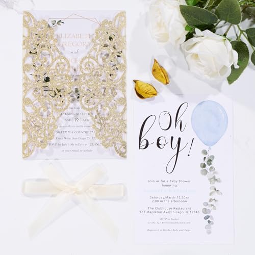 50Pcs Gold Glitter Laser Cut Wedding Invitation with Envelopes RSVP Cards - Image 3