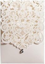 Hosmsua 50PCS White Wedding Invitations Kit 5 x 7.3 Inch Laser Cut Hollow Rose Rhinestone Pocket with Envelope for Quinceanera Bridal Shower Invite (White Ivory) by Hosmsua