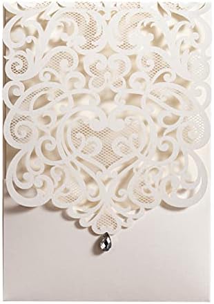 Hosmsua 50PCS White Wedding Invitations Kit 5 x 7.3 Inch Laser Cut Hollow Rose Rhinestone Pocket with Envelope for Quinceanera Bridal Shower Invite (White Ivory) by Hosmsua