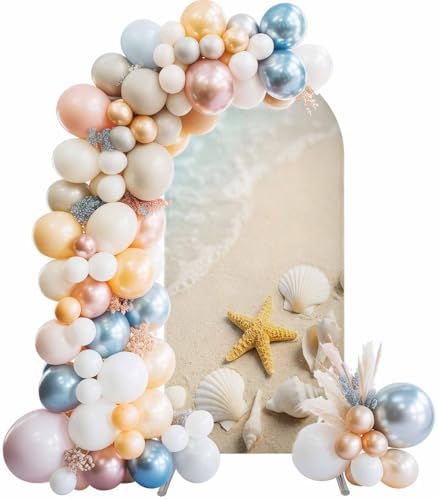 Ocean Arch Backdrop Cover 7.2 FT, Summer Beach Teal Sea Wave Starfish Seashells Beige Sand Wedding Arch Cover Stretchy Backdrop Stands Covers for Birthday Party Ceremony Banquet Decor by Unknown