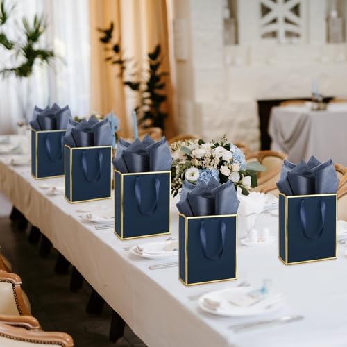Yeaqee 50 Pcs Metallic Paepr Gift Bags Bulk with Handles,Navy Blue, Gold - Image 6