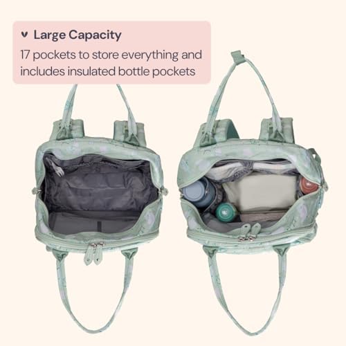BabbleRoo Diaper Bag Backpack - Baby Essentials Travel Tote - Multi Function Water Resistant Diaper Bag, Travel Essentials Baby Bag with Changing Pad, Stroller Straps & Pacifier Case - Green Birdy - Image 3