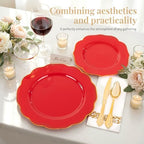 NOCCUR 175PCS Red Plastic Plates with Gold Disposable Silverware - Include 50 Red Gold Plastic Plates,25 Knives,25 Forks,25 Spoons,25 Cups and 25 Napkins - Ideal for Party/Hibachi Party/Wedding - Image 3