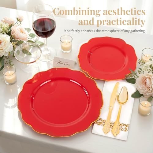 NOCCUR 175PCS Red Plastic Plates with Gold Disposable Silverware - Include 50 Red Gold Plastic Plates,25 Knives,25 Forks,25 Spoons,25 Cups and 25 Napkins - Ideal for Party/Hibachi Party/Wedding - Image 3
