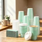 Whaline 100 Pcs Green Disposable Coffee Cups with Lids and Sleeves 16 Oz Light Green Insulated To Go Paper Cups for Home Restaurant Travel Wedding Birthday Baby Shower Party Supplies - Image 5