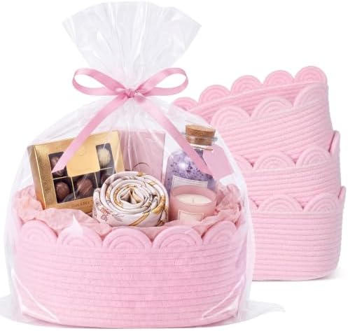4 Pack Small Woven Baskets with Gift Bags, Ribbons, Wrap Tissue Papers Gift Baskets Empty to Fill for Baby Shower Wedding Christmas Day, Decorative Storage Cubes for Toys(Pink) by Ferrochef