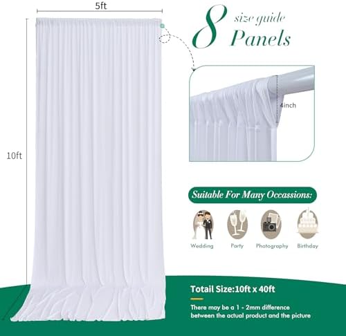 40 ft x 10 ft Wrinkle Free White Backdrop Curtain for Wedding Parties, Polyester Photo Backdrop Drapes for Baby Shower Birthday Party Backdrop Stand, Bulk Thick Background Curtains, 5x10FT 8 Panels - Image 5