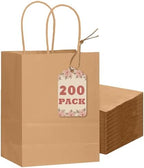 qiqee 200-Packs Brown Paper Gift Bags with Handles Bulk 8.3"x6"x3.15" Small Size Paper Bags Multiple Uses by Qiqee