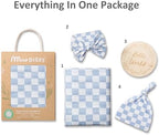 Miaoberry Checkered Muslin Swaddle Set, 100% Organic Cotton, Mist Blue,Checkerboard, Gender-Neutral, with Matching Bow, hat and Wooden Baby Arrival/Announcement Card - Image 5