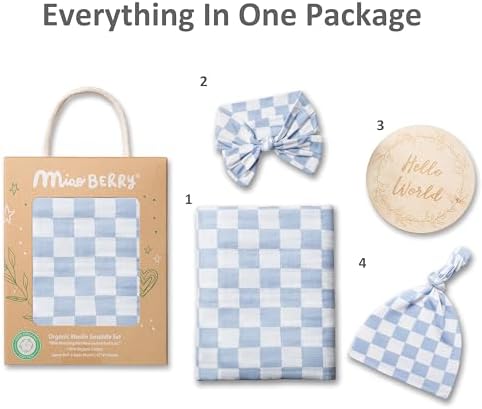 Miaoberry Checkered Muslin Swaddle Set, 100% Organic Cotton, Mist Blue,Checkerboard, Gender-Neutral, with Matching Bow, hat and Wooden Baby Arrival/Announcement Card - Image 5