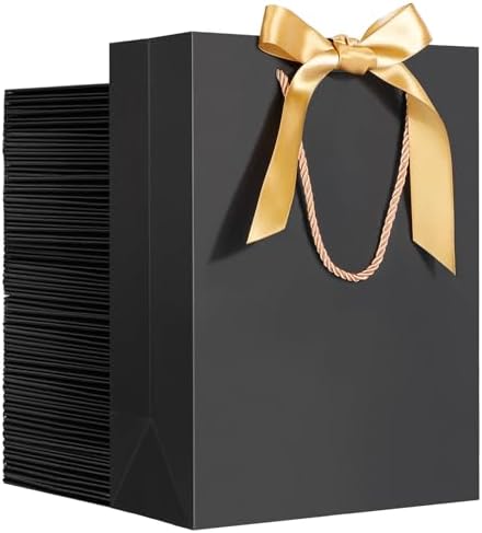 EUSOAR Black Kraft Gift Paper Bags with Bow Ribbon Handle, 50pcs 7.8"x3.9"x11" for Wedding, Bridal Shower, Baby Shower, Birthday, Anniversary by EUSOAR