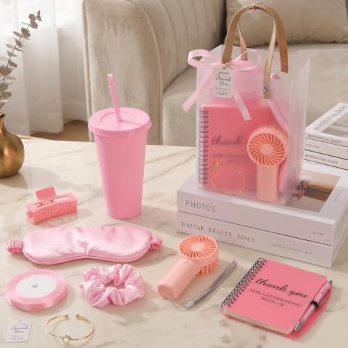 62Pcs Baby Shower Prizes for Guest Winners Handheld Fan Party Favor Set Thank You Gift with Plastic Tumbler,Notebooks,Hair Claw Gift Bags for Party Game Wedding Bridal Shower Favors (Pink, 6 Sets) - Image 4
