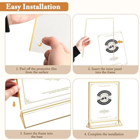 Floroom 6 Pack 8.5x11 Inch Clear Acrylic Sign Holders, Gold Border Double-Sided Vertical Picture Frames & Display Stands for Table Numbers, Photos, Menus, Flyers, Weddings, Parties & Events - Image 3