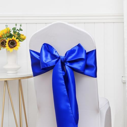 Pack of 50 Satin Royal Blue Chair Sashes Bows 7 X 108 Inch Universal Gold Chair Ribbons for Wedding Ceremony Party Banquet Event Chair Decorations - Royal Blue Chair Sashes 50 Pack - Image 4