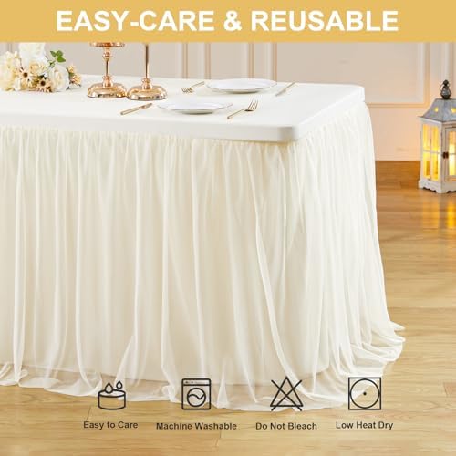 Wish Care 4 Pack Ivory Tulle Tablecloth for 8 Foot Rectangle Tables Stretch Fitted Rectangular Table Cloth 8ft Wrinkle Free Ruffle Elastic Table Cover Tutu Skirt for Wedding Birthday Party Baby Shower - Image 7
