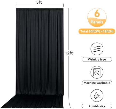 30ft x 12ft Black Backdrop Curtains for Wedding Parties, Wrinkle Free Photo Backdrop Drapes 6 Panels 5x12ft Back Drop Cloth for Birthday Retirement Halloween Photography Background - Image 6