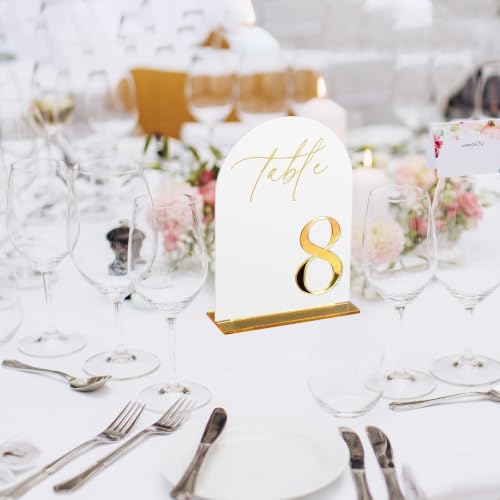 HOODO White Arch Acrylic Wedding Table Numbers 1-15 with Stands, 5"x7" Arched Acrylic Signs with 3D Gold Numbers, White 3D Table Numbers for Wedding Reception - Image 7