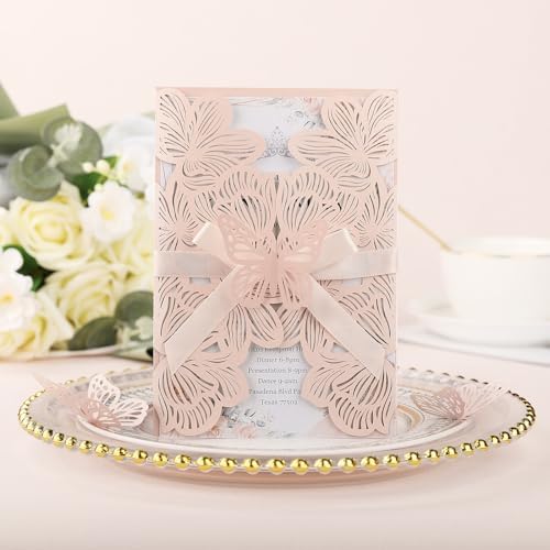 50pcs Pink Wedding Invitations Personalized with Envelopes and RSVP Cards Blank Laser Cut Hollow Flower Invitation Kits Butterfly Invitations for Engagement Wedding Birthday Party Bridal Shower - Image 6