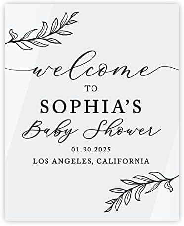 Andaz Press 16"X20" White Personalized Acrylic Baby Shower Welcome Sign, Gender Neutral Large Custom Welcome Baby Shower Sign For Easel Stand, Rustic Laurel Leaves Acrylic Baby Shower Sign by AndazPress