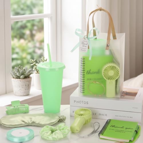 62Pcs Baby Shower Prizes for Guest Winners Handheld Fan Party Favor Set Thank You Gift with Plastic Tumbler,Notebooks,Hair Claw Gift Bags for Party Game Wedding Bridal Shower Favors (Green, 6 Sets) - Image 4