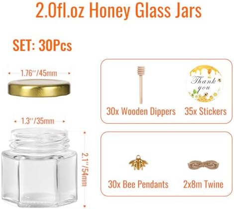 2 oz 30 Pack Mini Glass Honey Jars with Wood Dippers & Gold Lids - Image 2