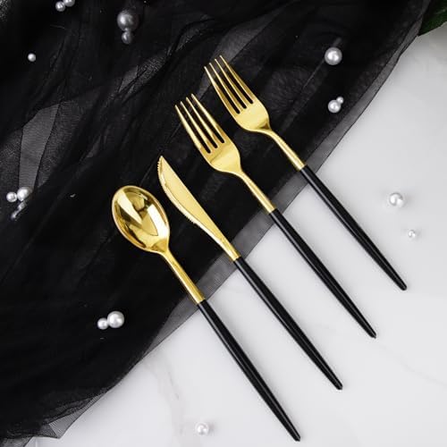 I00000 300Pcs Black Plastic Silverware, Happy New Year Gold Disposable Silverware, Black and Gold Plastic Utensils Include 100 Forks 100 Knives 100 Spoons,Disposable Cutlery for Wedding (Pack of 2) - Image 5