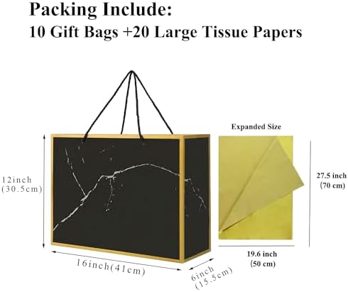 Cmecial 10 Marble Extra Large Gift Bags with Tissue Papers, 16" Gold Black Gift Bags Large with Handles, Black Paper Groomsmen Paper Gift Bags Large Size, Large Gift Bags for Presents - Image 2