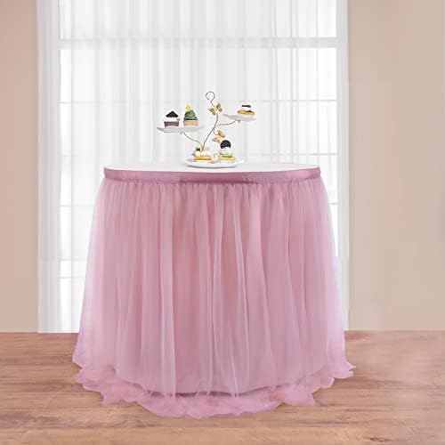167in Dusty Rose Tulle Table Skirt for Rectangle Tables 6/8ft, 2-Layer Gold Grim Blush Pink Ruffle Tulle Tutu Cloth Table Skirt 14ft for Wedding Birthday Party Baby Shower Dessert(No Table Cover) - Image 3