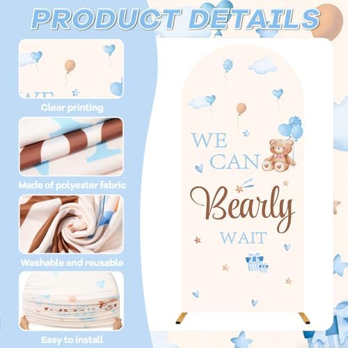 3Pcs We Can Bearly Wait Arch Backdrop Cover 4ft 5ft 6ft Blue Bear Baby Shower Decorations Bear Theme Round Top Stretchy Arch Stand Covers Photo Background for Birthday Gender Reveal Party Decor - Image 3