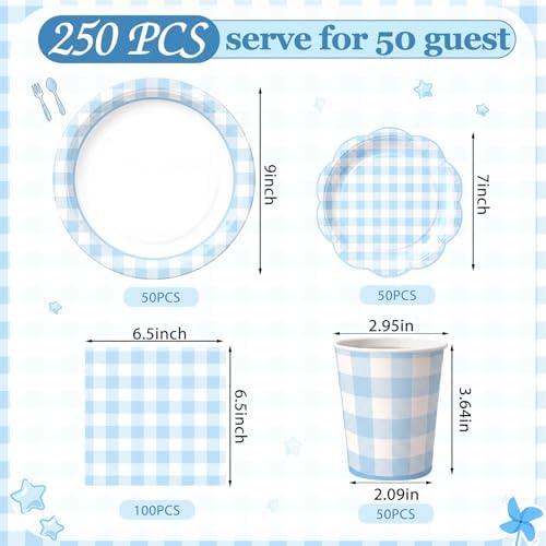 Funnymoom 250 Pcs Blue Gingham Paper Plates and Napkins Party Supplies - Image 3