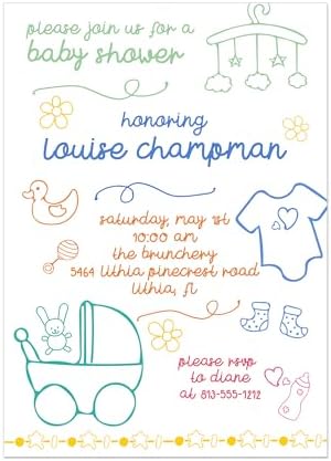 Whimsical Baby Shower Invitation with Hand Drawn Baby Icons Colorful Gender Neutral Design Modern and Playful Baby Shower custom printed invitations by Handmade