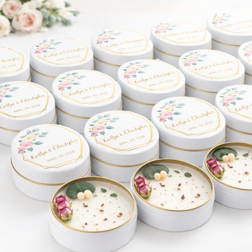 Personalized Candle Wedding Favors – Scented Custom Soy Wax Thank You Gifts with Dried Flowers – Custom Names & Date – Elegant Tin Gift (10-20-30-40-50-100 Bulk Options) - Image 2
