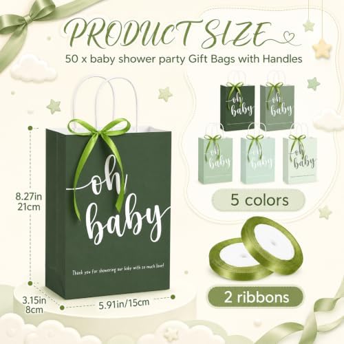 Gersoniel 50 Packs Baby Shower Gifts Bags Bulk 5.91 x 3.15 x 8.27 Inches Baby Shower Favor Bags with Handle Ribbon Thank You Gift for Party Favor for Guests Gifts Gender Reveal (Green) - Image 2