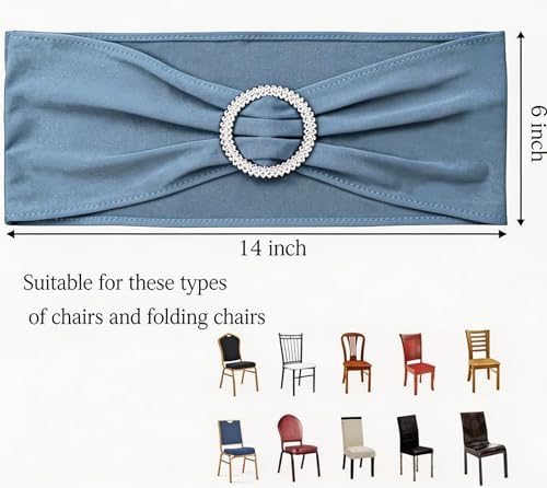 Pack of 100 Dusty Blue Chair Sashes Bows Spandex Chair Bands Silver Buckles - Image 3
