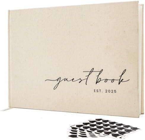 Cream Guest Book (2025) - 9.5 x 7 Real Linen Hardcover Guestbook for 2025 Wedding Ceremony Reception Signin Book, Table Decor, 140 gsm Blank Archival Paper with No Lines, 120 pages, Small Size by ModernAlbumDesigns