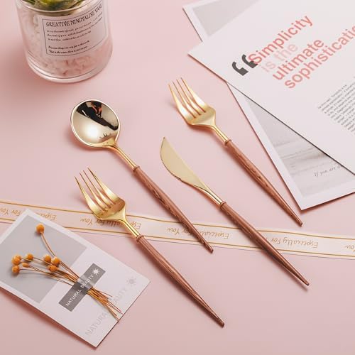 Lullaby 240PCS High End Gold Plastic Silverware with Wood Grain Handle - Image 7