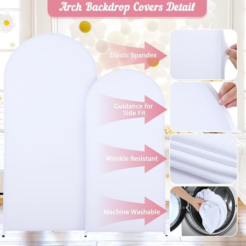 White Arch Backdrop Cover 2 Set - 7.2FT, 6FT Spandex Fitted Wedding Arch Stand Covers Round Top Chiara Arch Backdrop Stands Cover for Parties Birthday Banquet Photo Background Decoration - Image 5