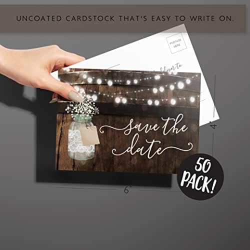 Your Main Event Prints 50 Rustic Mason Jar Save The Date Cards for Wedding, Engagement, Anniversary, Baby Shower, Birthday Party, Wood Save The Dates Postcard Invitations (Pack of 2) - Image 4