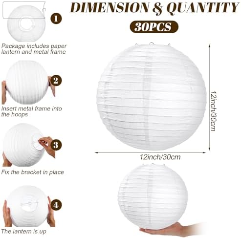 Treela 30pack White Chinese Paper Lanterns for Wedding Party Decor, 12" - Image 4
