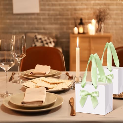 Kolldenn 50 Pcs Small White Gift Bags Bulk with Green Bow Ribbon Handles - Image 6