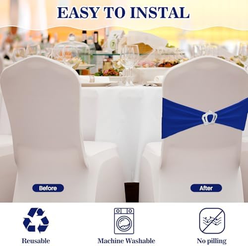 VitalCozy 100 Pcs Spandex Chair Sashes with Crown Buckle,Royal Blue - Image 4