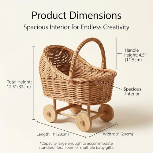 Woven Rattan Stroller-Shaped Flower Basket with Handle, Handwoven Decorative wicker baby carriage Basket for Baby Shower, Wedding, Party Decor, Floral Arrangements & Gift Hampers - Image 6