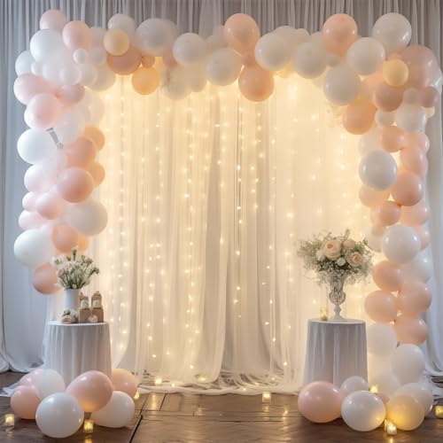 10ft x 8ft White Backdrop Curtains with Lights String for Parties, Sheer Tulle Wedding Photo Backdrops Drapes for Baby Shower Birthday Party Decorations Background for Photography - Image 2