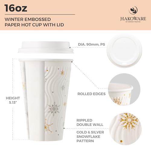 16oz Christmas Disposable Coffee Cups with Lids White Snowflake Winter Togo - Image 2
