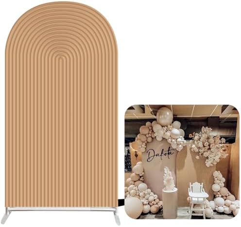 Double-Sided Arch Frame Fabric Cover Beige White Ripples Arched Panel Stand Cover for Wedding Birthday Baby Shower Parties Decoration (Brown-HP465,4X7ft) by AOSTO