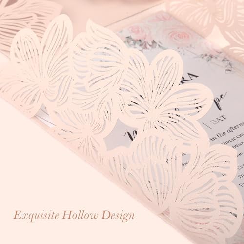 50pcs Pink Wedding Invitations Personalized with Envelopes and RSVP Cards Blank Laser Cut Hollow Flower Invitation Kits Butterfly Invitations for Engagement Wedding Birthday Party Bridal Shower - Image 5