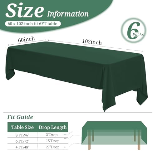 6 Pack Tablecloth 60 x102 inch Polyester Table Cloth for 6 Foot Rectangle Tables,Stain and Wrinkle Resistant Washable Fabric Table Covers Polyester Hunter Green Table Clothes for Wedding,Party,Banquet - Image 2