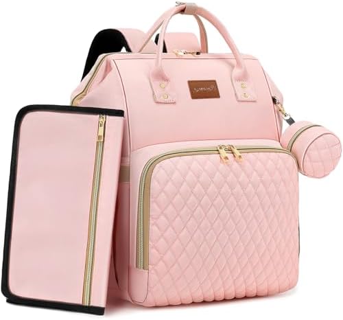 ROSEGIN Pink Diaper Bag Backpack for Baby Girls - Baby Shower Gifts for Mom, Quilted Diaper Bag with Changing Pad, Pacifier Case, Insulated Pockets, Stroller Straps, 35L Large Capacity - Cute by ROSEGIN